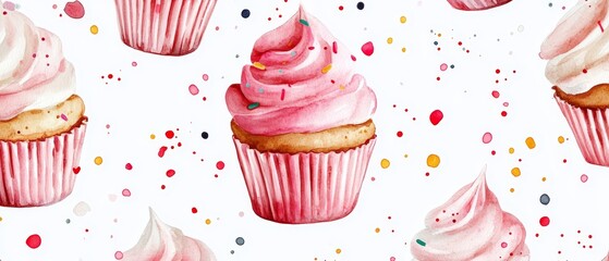 A watercolor painting of a cupcake with pink frosting and sprinkles
