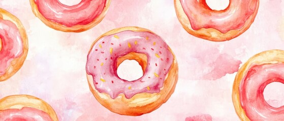 Obraz premium A watercolor painting of a pink frosted doughnut with sprinkles