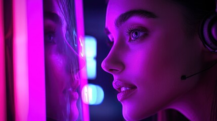 Fototapeta premium A woman contemplates her reflection bathed in purple and neon light