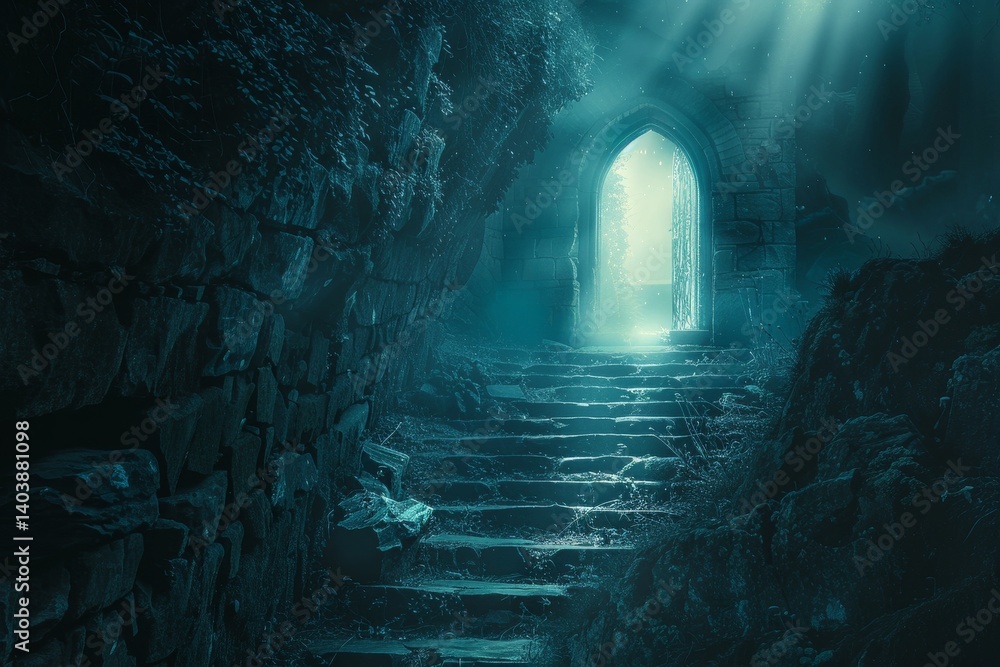 Poster a mysterious stone portal glows with light, beckoning towards an unknown dimension, a mysterious por