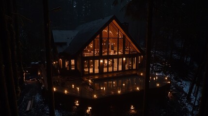 A Cozy Illuminated House Nestled Deep Within a Forest At Night