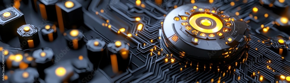 Poster a macro photograph of a futuristic illuminated circuit board