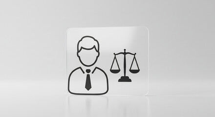 A lawyer icon depicted as a simple line drawing on a frosted glass surface.  The icon symbolizes justice and law and is rendered with a minimal style for versatility and ease of use.