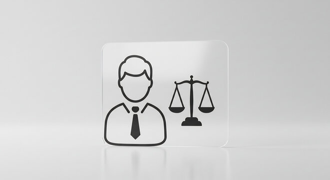 A lawyer icon depicted as a simple line drawing on a frosted glass surface.  The icon symbolizes justice and law and is rendered with a minimal style for versatility and ease of use.