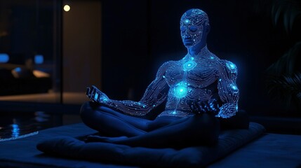 A digital figure meditates with circuitry emanating from the body