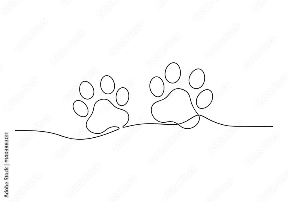 Poster continuous one line drawing of a dog paw print in minimalist vector outline style, isolated on white