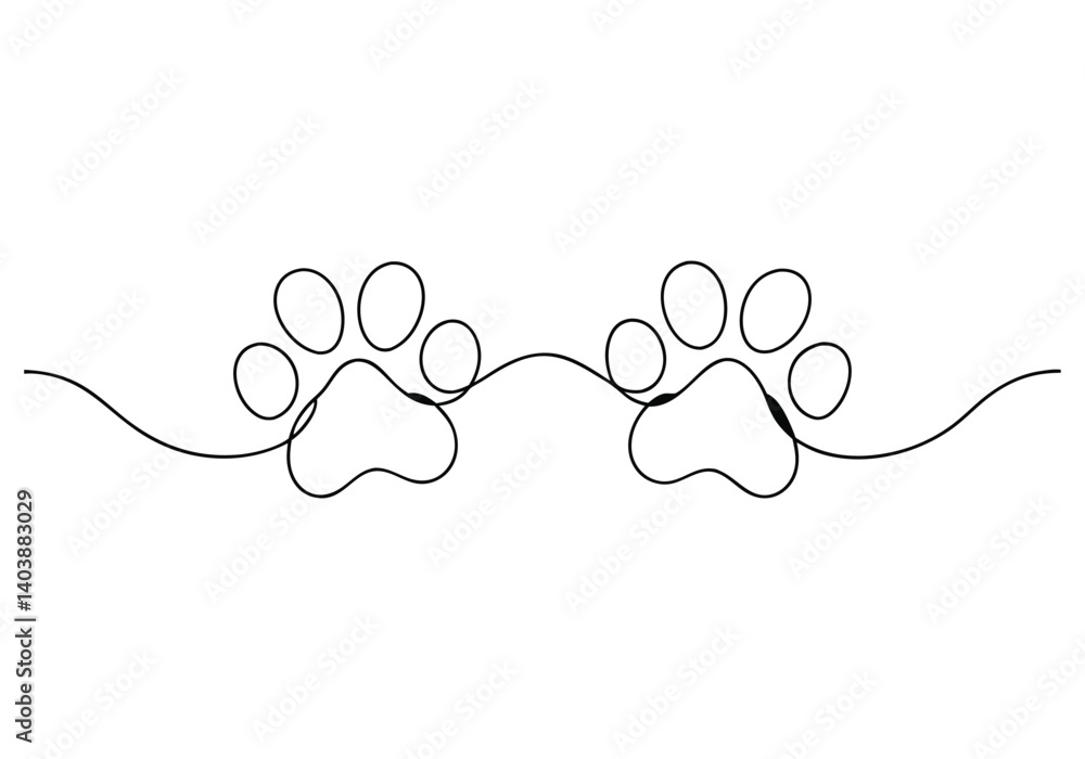 Poster continuous one line drawing of a dog paw print in minimalist vector outline style, isolated on white