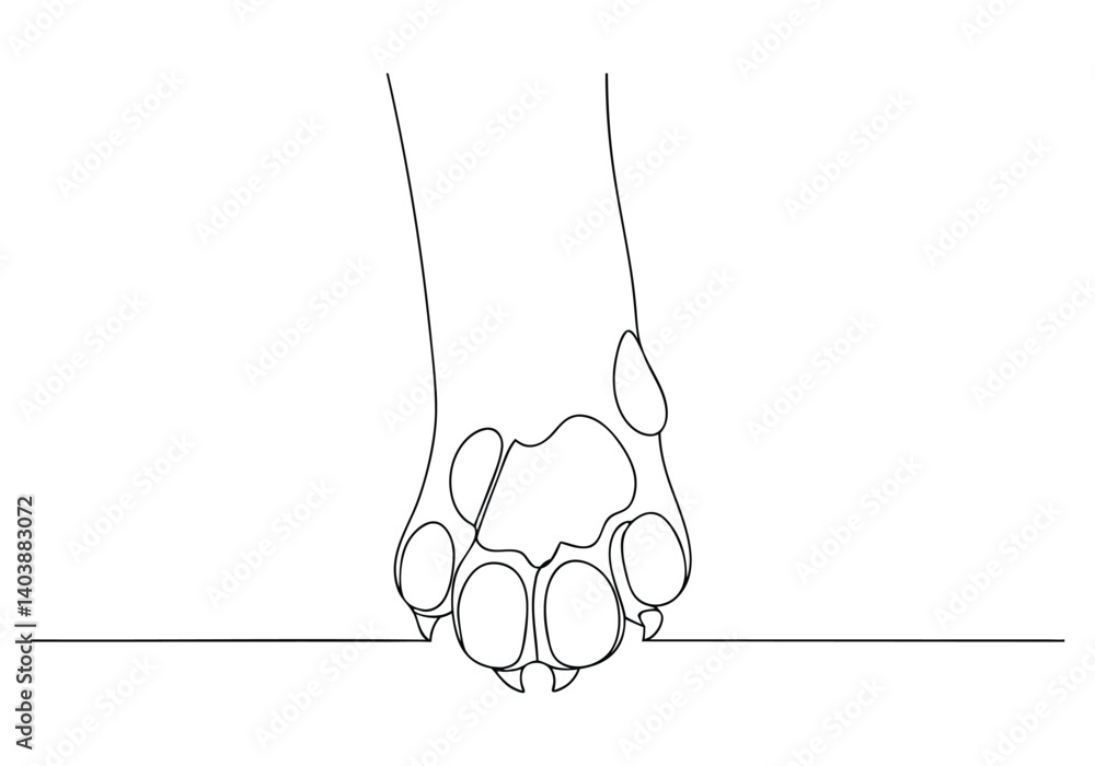 Poster continuous one line drawing of a dog paw print in minimalist vector outline style, isolated on white