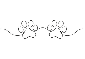 Obraz premium Continuous one line drawing of a dog paw print in minimalist vector outline style, isolated on white background