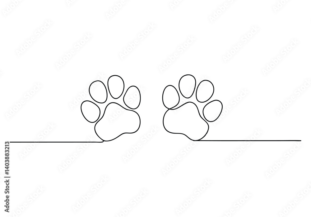 Poster continuous one line drawing of a dog paw print in minimalist vector outline style, isolated on white