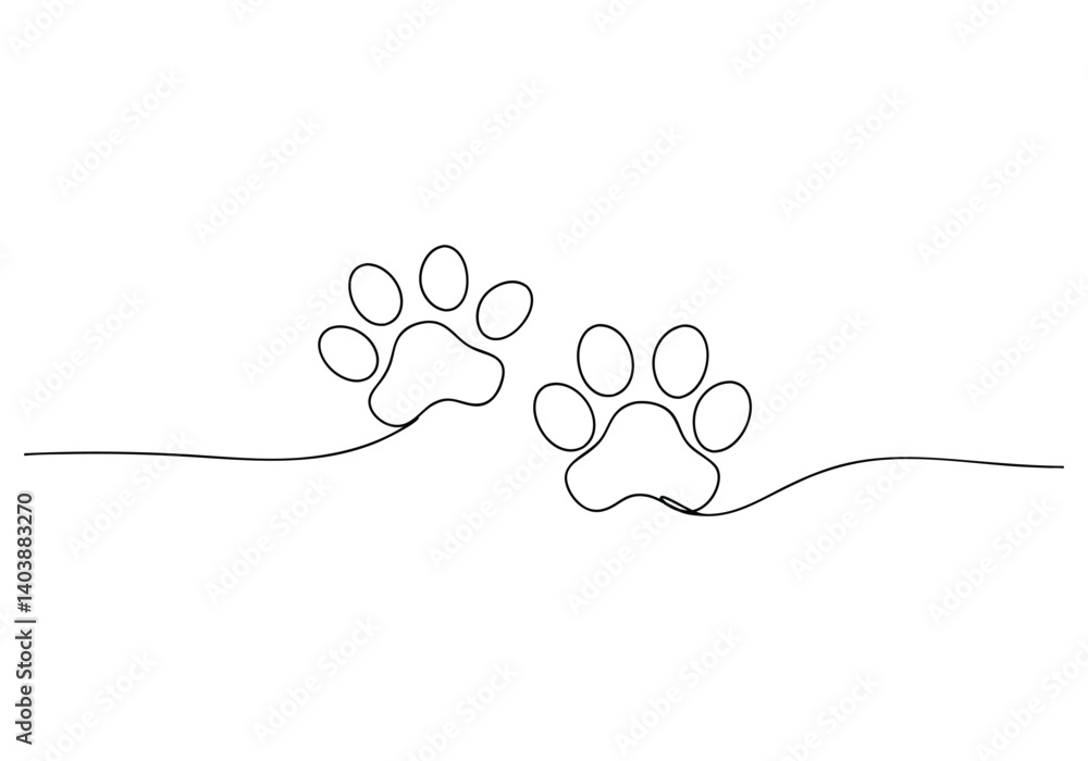 Poster continuous one line drawing of a dog paw print in minimalist vector outline style, isolated on white