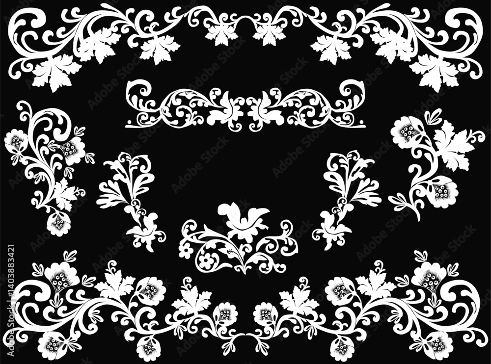 Canvas Prints set of abstract decorated elements group on black