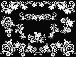 set of abstract decorated elements group on black