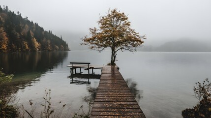 Obraz premium A tree and bench on a wooden pier extending into a calm lake.