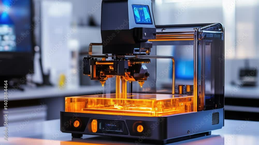Poster a 3d printer sits on a table, ready for use.