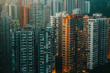 Fototapeta premium A densely populated urban cityscape with tall apartment buildings in Hong Kong, viewed from above, Steel frame framework housing a bustling metropolis within its walls