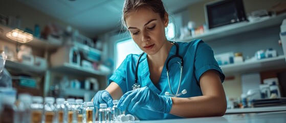 Nurse prepares iv solution in modern clinic with clear glass vials