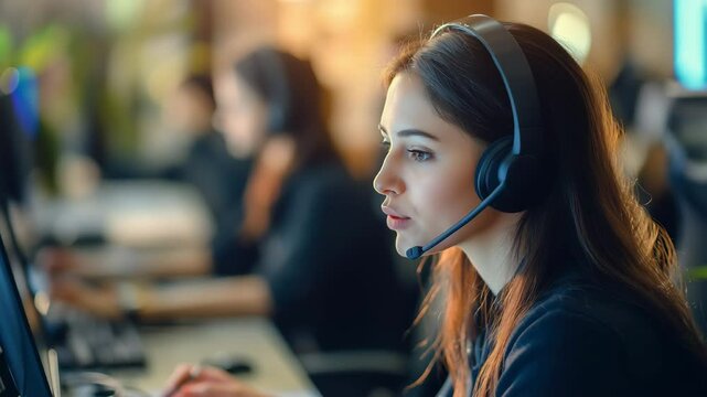 Focused young woman with headset works in a modern call center or in customer support.