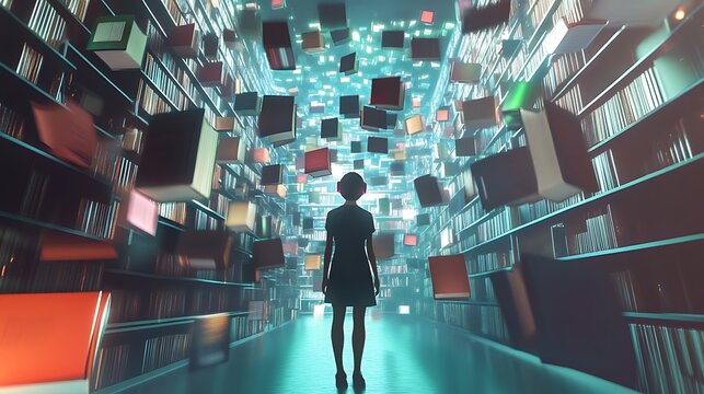 Rear perspective of learner surrounded by floating virtual books, AI presence illuminating the space with guidance 