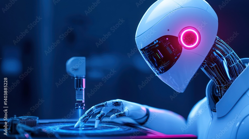 Aufkleber a futuristic robot working on a glowing technology interface