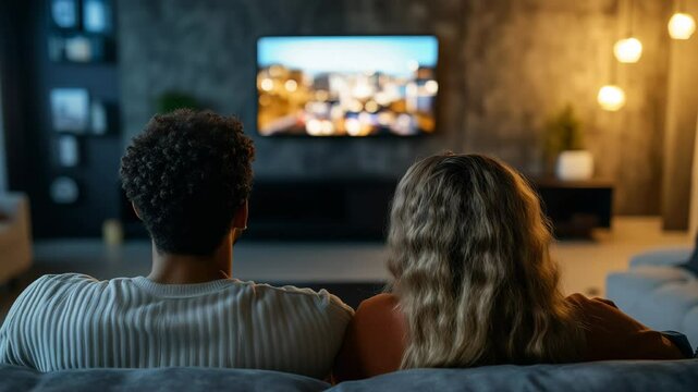 Rear view on a couple sits together on a cozy couch and watching television on a large screen.