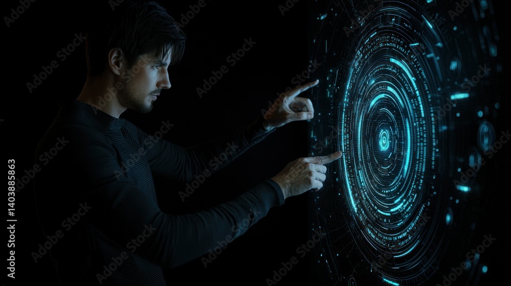 Poster a man interacts with an illuminated futuristic digital display