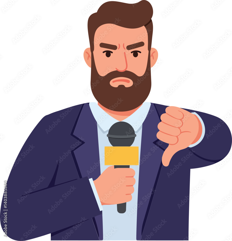 Poster a serious man with a beard holding a microphone and showing a thumbs down gesture in a flat vector i