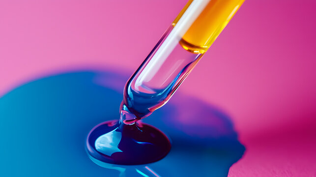 Dropper in the lab: A vibrant close-up shot captures a clear pipette dispensing a colorful liquid, revealing the delicate intersection of science and art, the focus is on experimentation.
