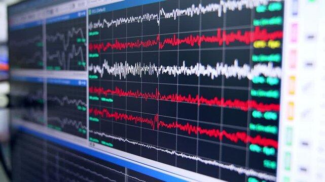 Monitor depicting brain waves during neurosurgery. Close up. Brain surgery.