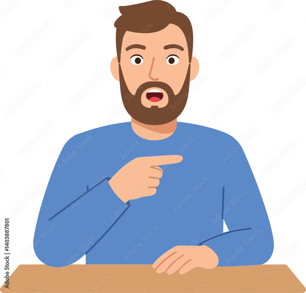 Poster a surprised man with a beard gesturing while seated at a table in a flat vector illustration