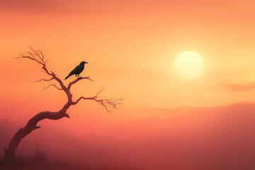 Naklejka premium Bird Silhouette Contemplating at Sunset Against Orange Sky 