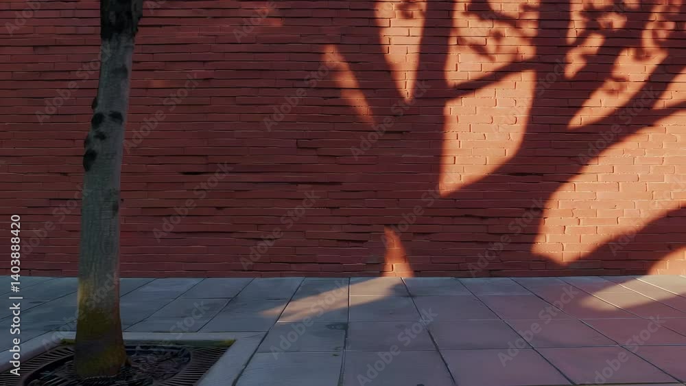 Poster shadow of a tree cast on a brick wall with sidewalk displaying texture