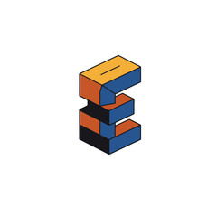 Isometric Letter E in Orange and Blue