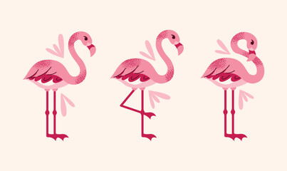 Set of stylized pink flamingos in various poses. Flat vector cartoon illustration isolated on light background. Tropical bird. Summer and exotic nature concept.
