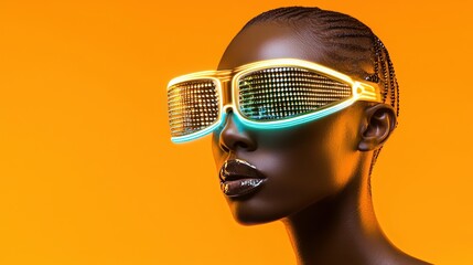 A portrait of a woman wearing futuristic illuminated eyewear