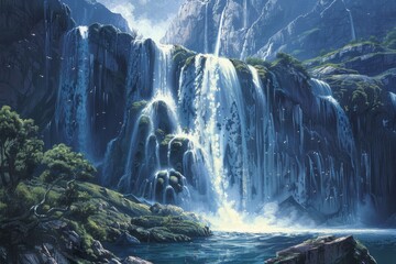 A breathtaking waterfall cascades down a towering cliff in a lush mountain valley, A majestic waterfall cascading down a cliff