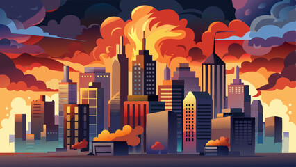 Fototapeta premium Urban skyline engulfed in flames at sunset with dark smoke billowing above the buildings