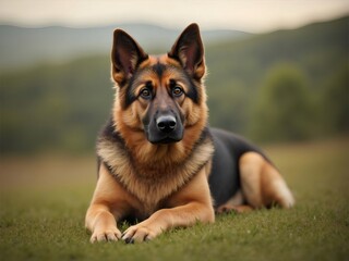 German Shepherd Dog Relaxing On Green Grass Outdoors with Brown and Black Fur and Focused Gaze