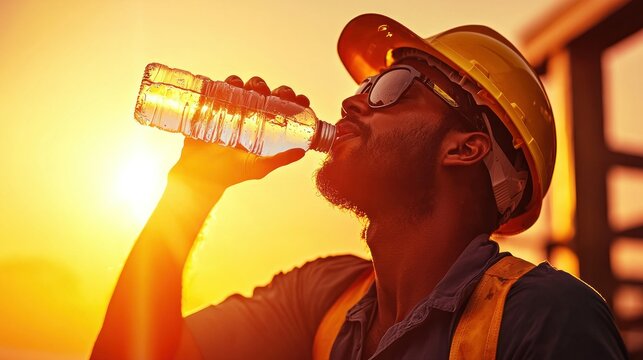 A construction worker drinking water in the bright sunshine