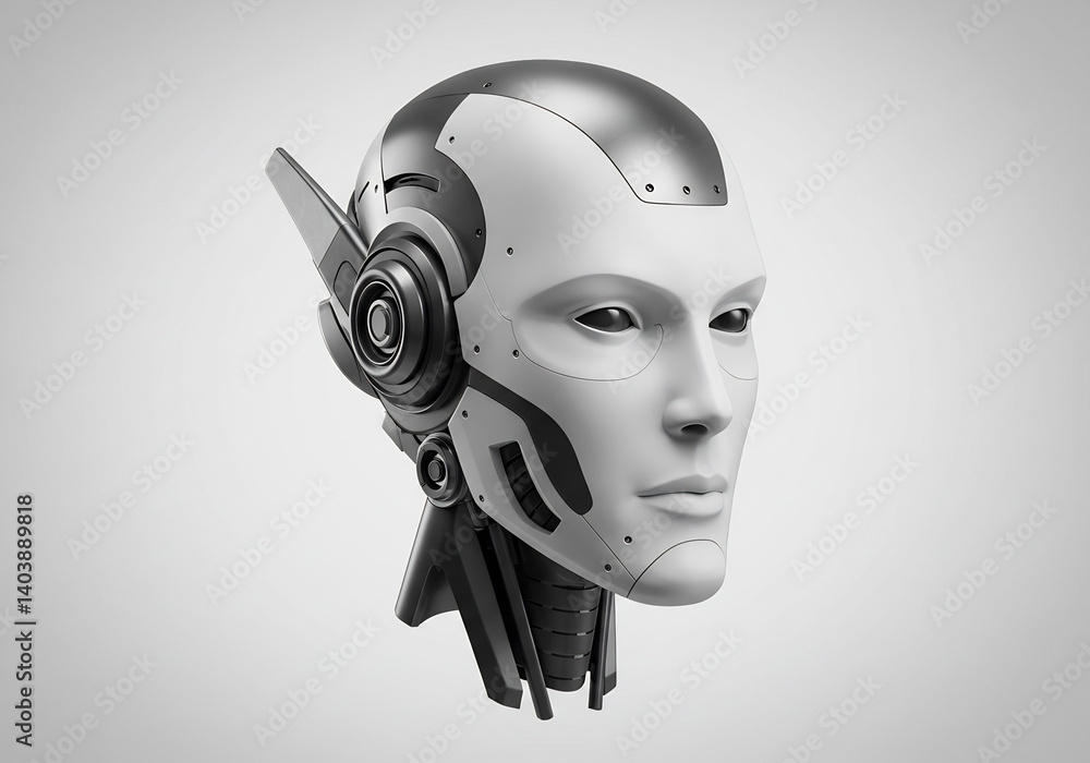 Poster a modern, futuristic robot head, showcasing advanced technology and design. the sleek metallic surfa