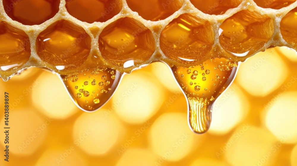 Poster honey is dripping from the honeycomb cells displaying a golden color