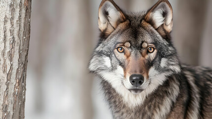 Obraz premium Close Up Portrait Of A Gray Brown Wolf In Winter Forest