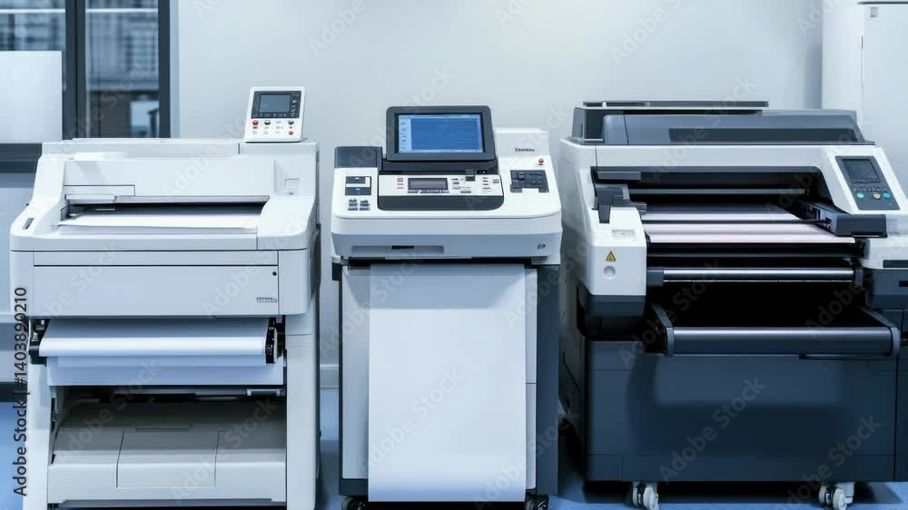 Poster row of office printers sitting side by side, ideal for illustrations or presentations about technolo