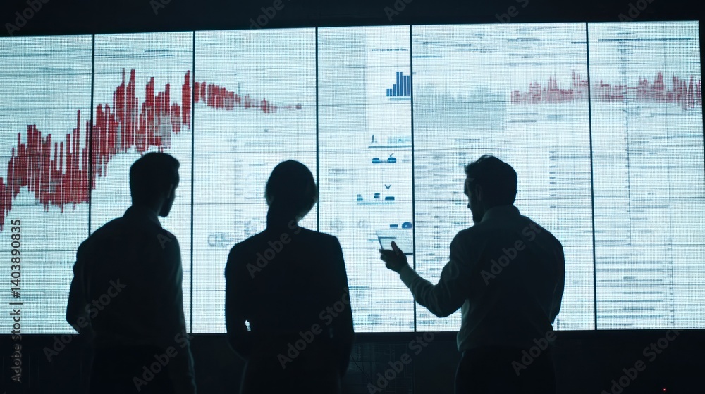 Poster silhouetted people analyzing data on a large display screen