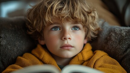A Young Boy with Golden Hair, Lost in a Book
