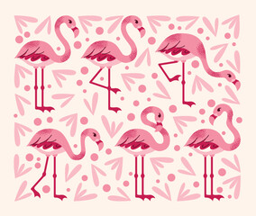 Set of stylized pink flamingos in various poses. Flat vector cartoon illustration isolated on light background. Tropical bird. Summer and exotic nature concept.