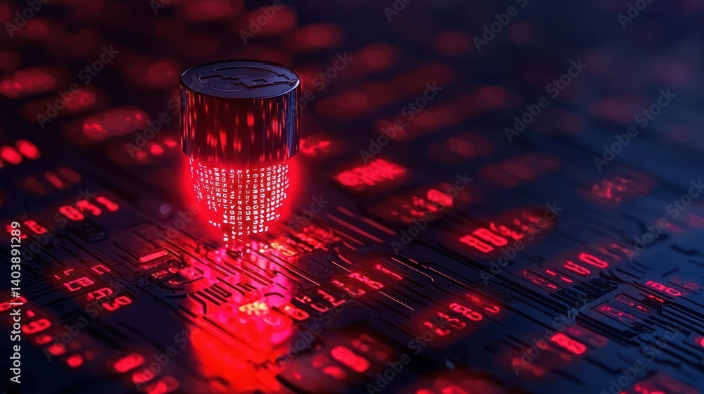 Poster glowing electronic component on an illuminated circuit board in red