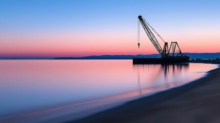 Obraz premium A large crane stands on a platform near a calm shoreline