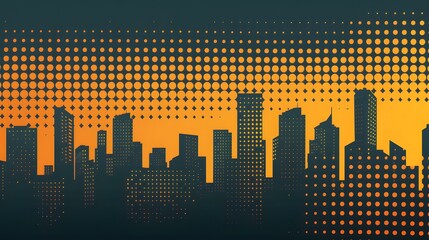 City Skyline Silhouette with Halftone Gradient for Urban Design Background