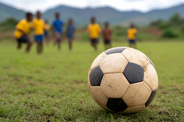 Youth soccer game in rural setting, ball in foreground, children in background. Active lifestyle, sports, and community concept.